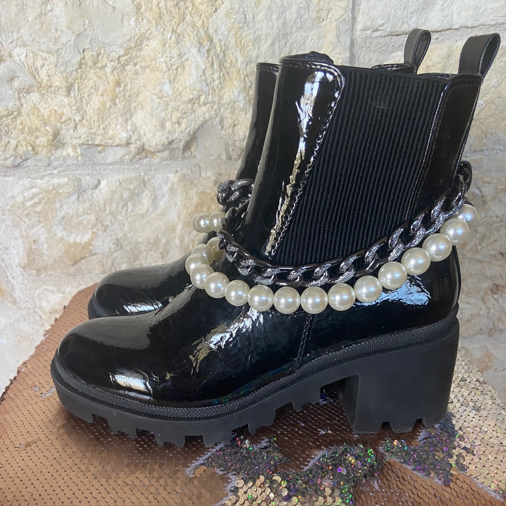 Betsey Johnson Glossy Black Ankle Booties with Pearl Accent